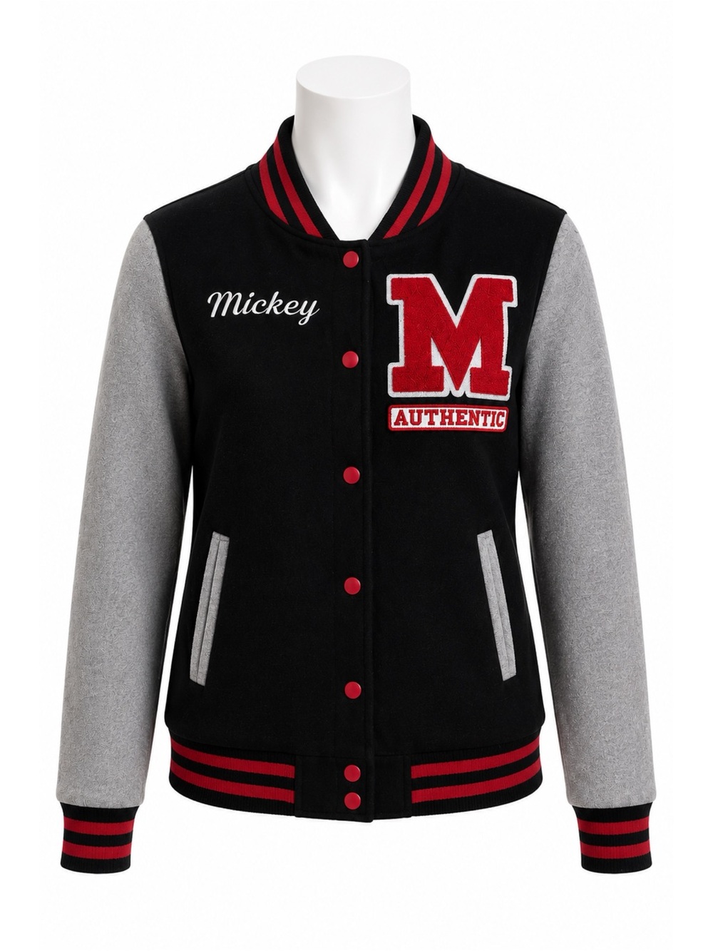 Size S‎ Disney Women’s Mickey Mouse Varsity Jacket Black Gray Letterman Coat